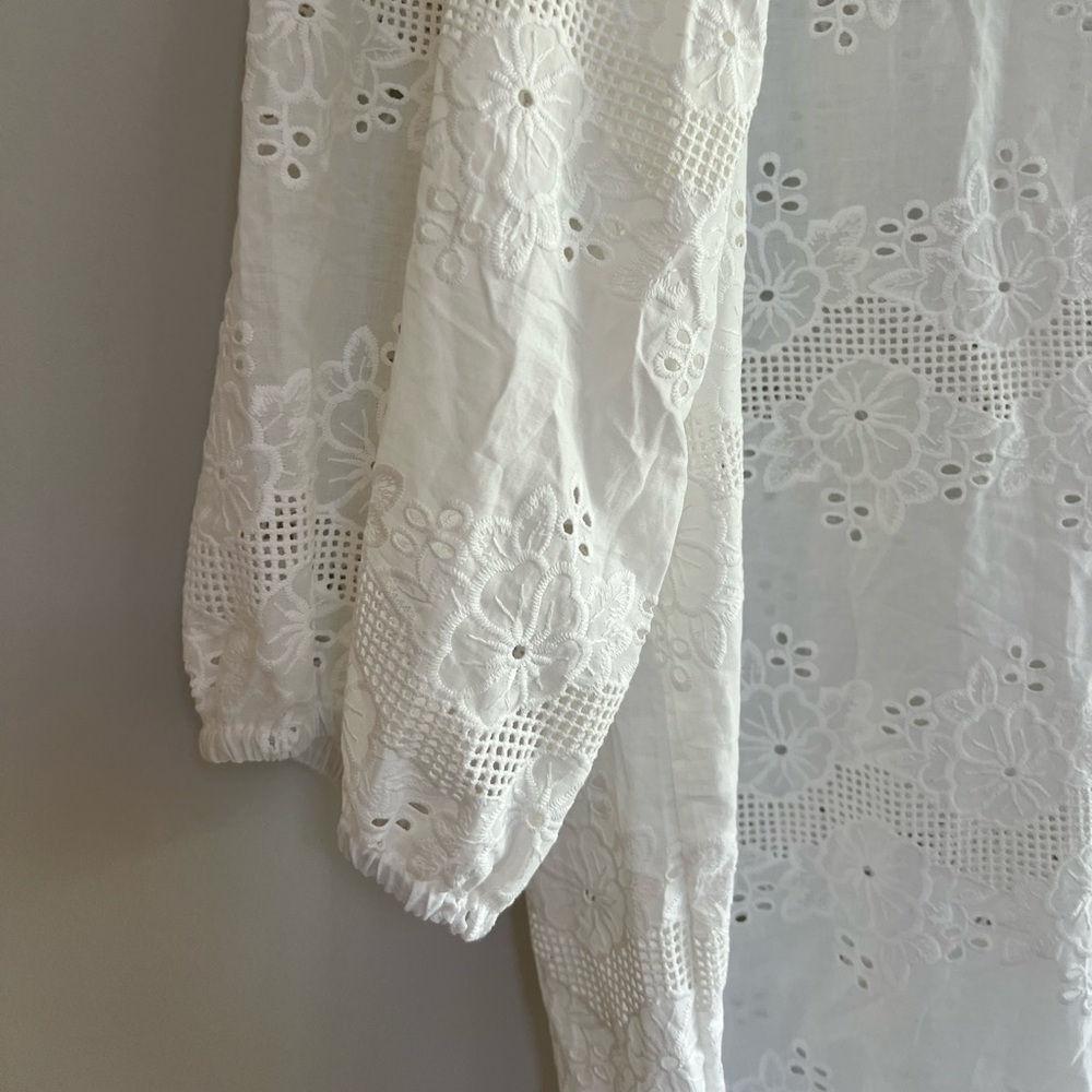 Natalie Martin Lisa Cotton White Eyelet 3/4 Balloon Sleeves Crew Neck Dress, XL - Picture 4 of 12